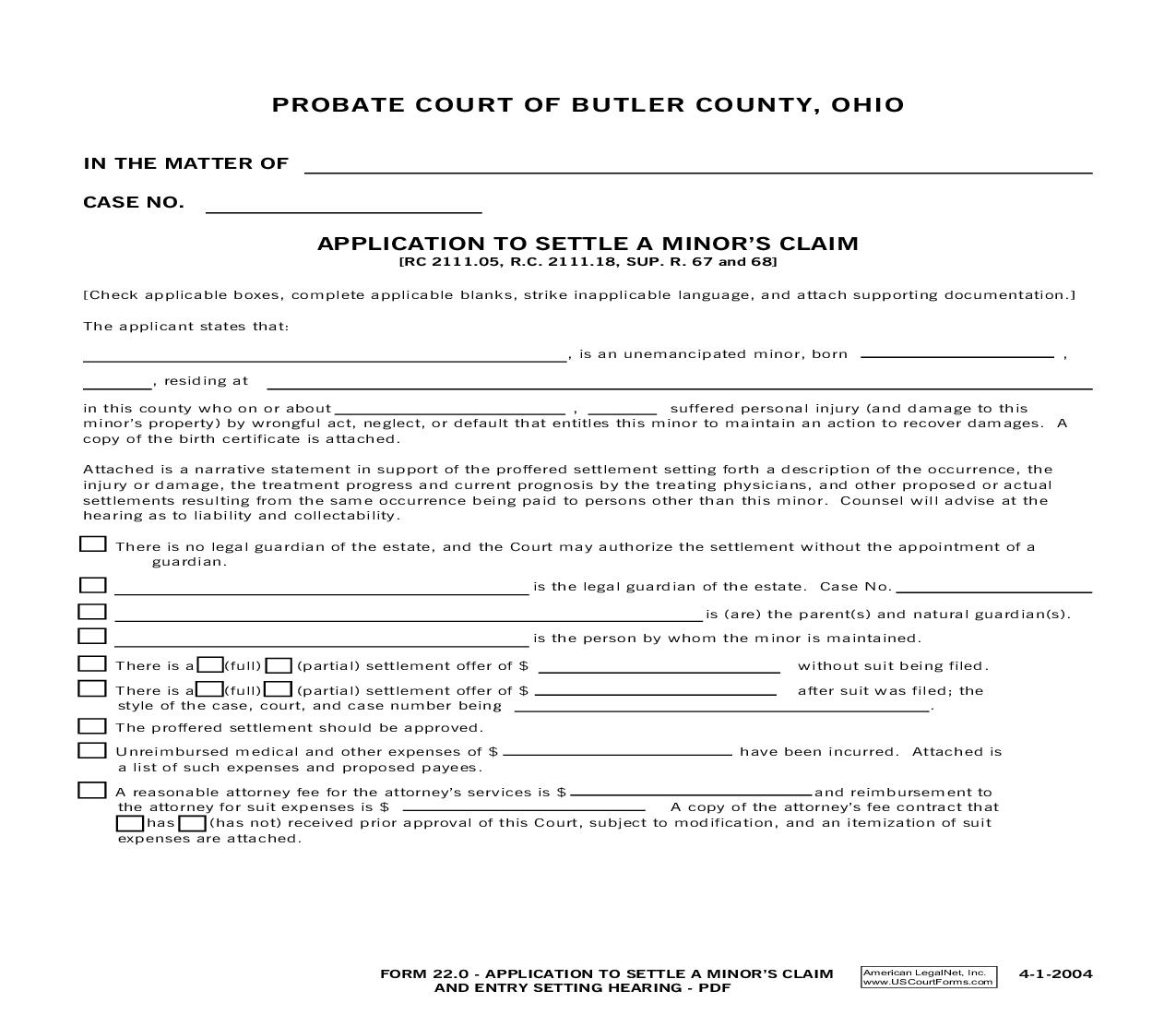 Application To Settle A Minors Claim {22.0} | Pdf Fpdf Doc Docx | Ohio