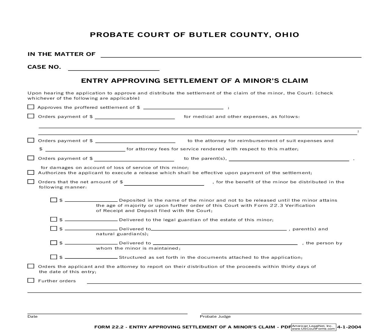 Entry Approving Settlement Of A Minors Claim {22.2} | Pdf Fpdf Doc Docx | Ohio