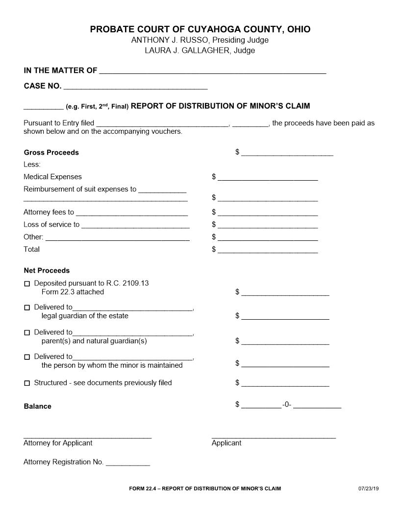 Report Of Distrbution And Entry Minors Claim {22.4} | Pdf Fpdf Doc Docx | Ohio