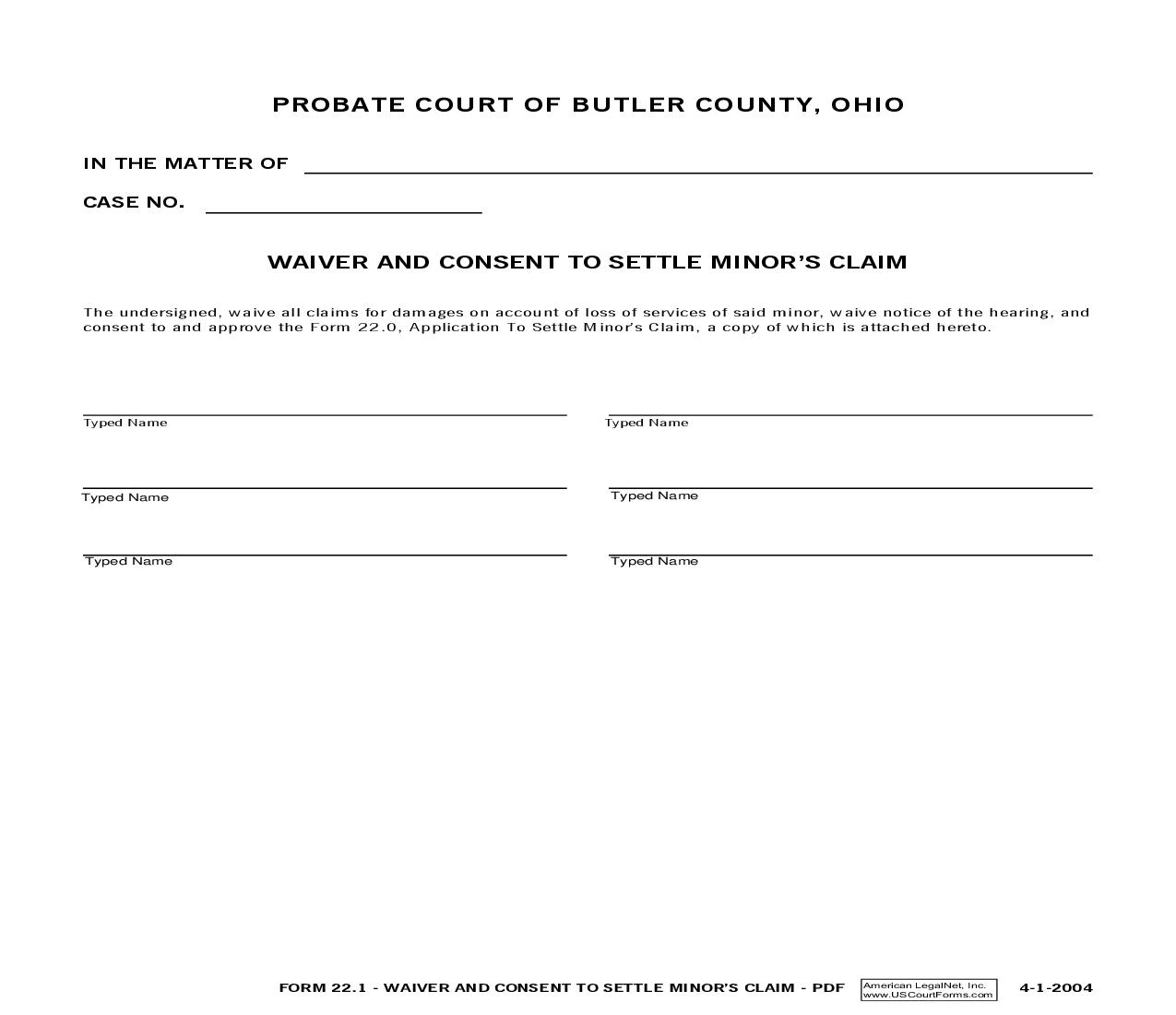 Waiver And Consent To Settle Minors Claim {22.1} | Pdf Fpdf Doc Docx | Ohio
