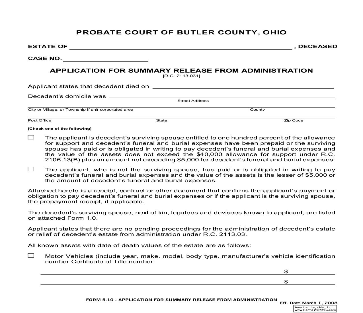 Application For Summary Release From Administration {5.10} | Pdf Fpdf Doc Docx | Ohio