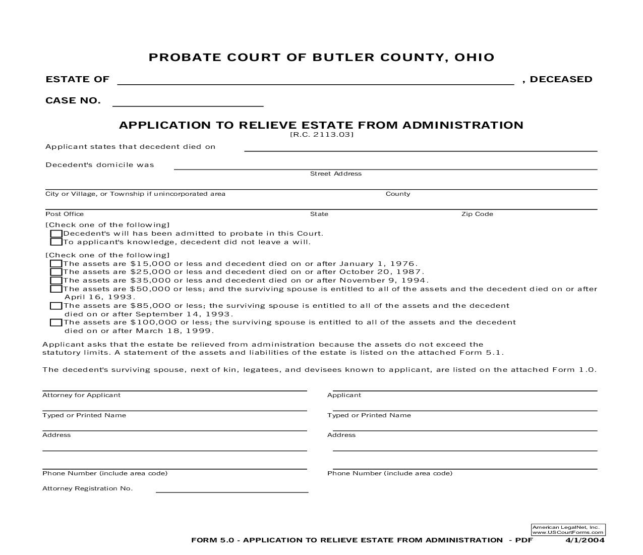Application To Relieve Estate From Administration {5.0} | Pdf Fpdf Doc Docx | Ohio