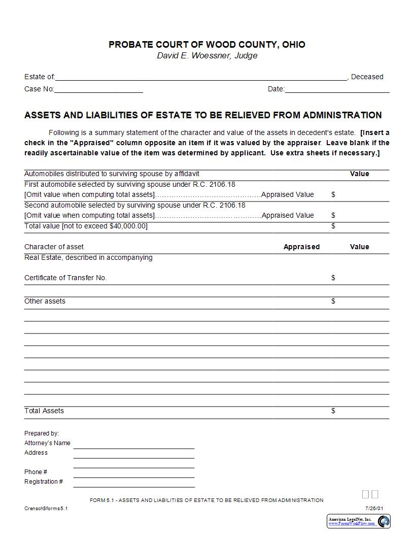 Assets And Liabilities Of Estate To Be Relieved From Administration {5.1} | Pdf Fpdf Docx | Ohio
