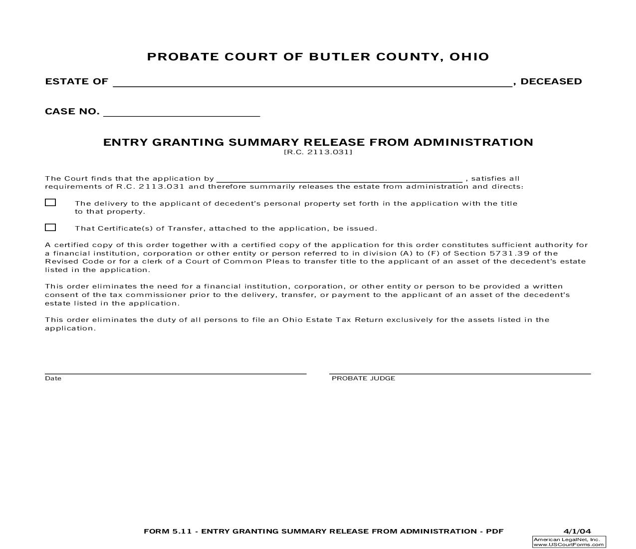 Entry Granting Summary Release From Administration {5.11} | Pdf Fpdf Doc Docx | Ohio