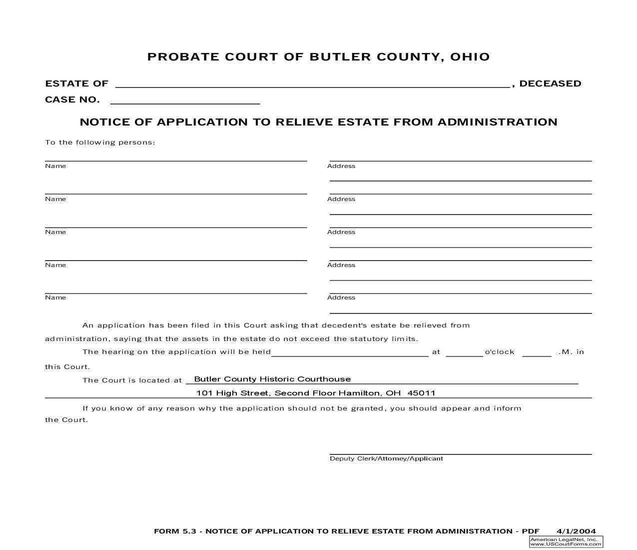 Notice Of Application To Relieve Estate From Adminisration {5.3} | Pdf Fpdf Doc Docx | Ohio