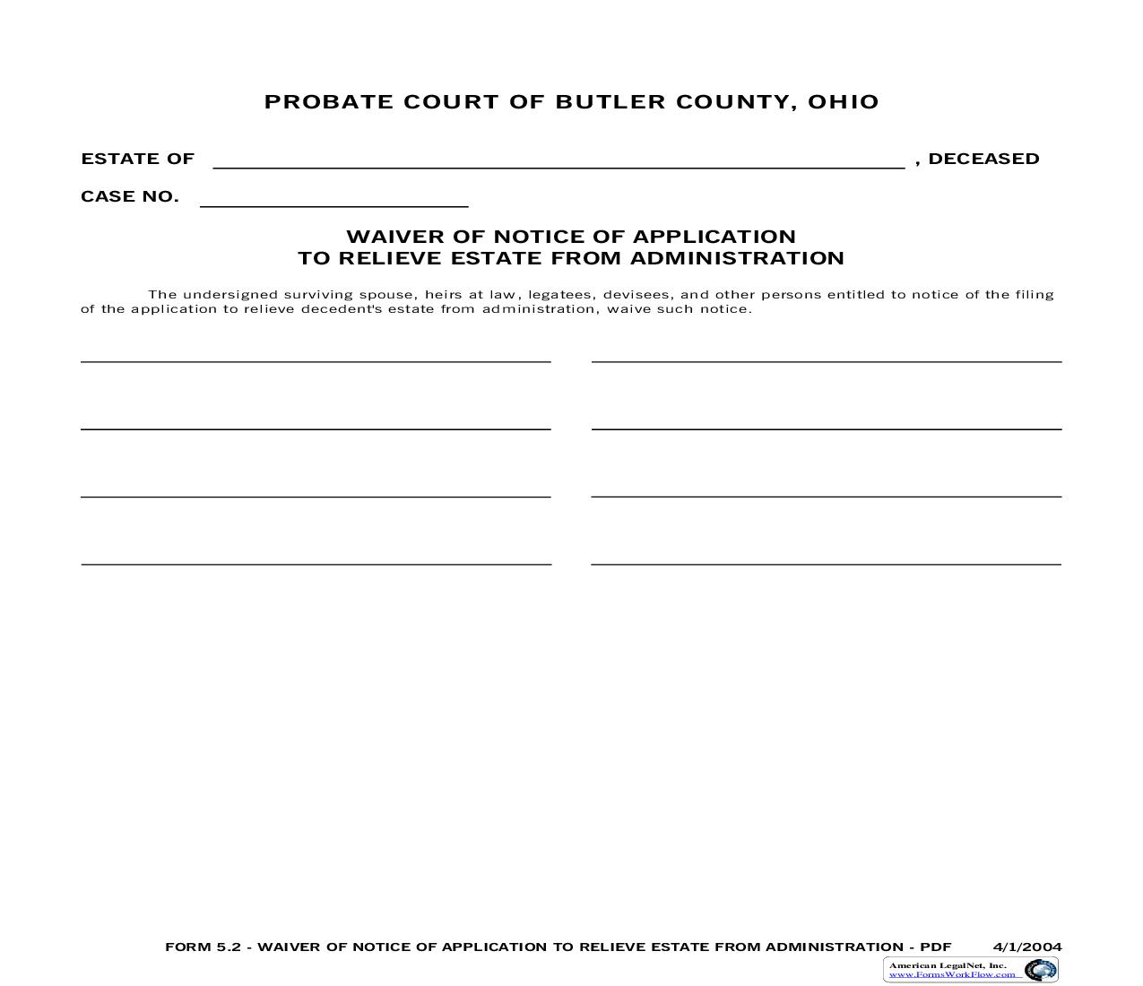 Waiver Of Application To Relieve Estate From Adminstration {5.2} | Pdf Fpdf Doc Docx | Ohio
