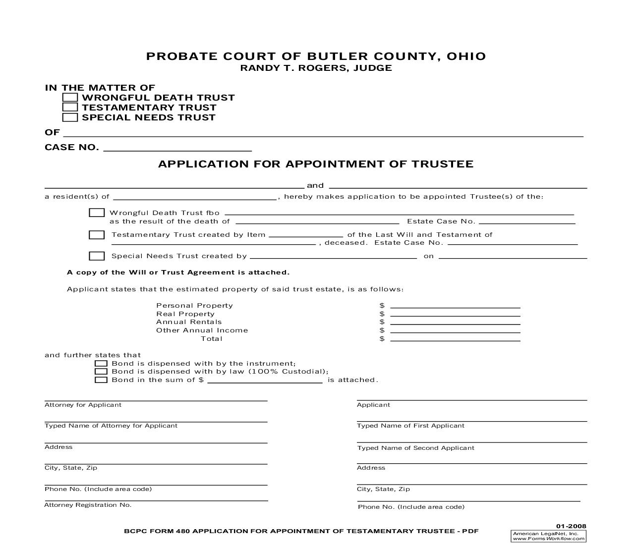 Application For Appointment Of Testamentary Trustee {480} | Pdf Fpdf Doc Docx | Ohio