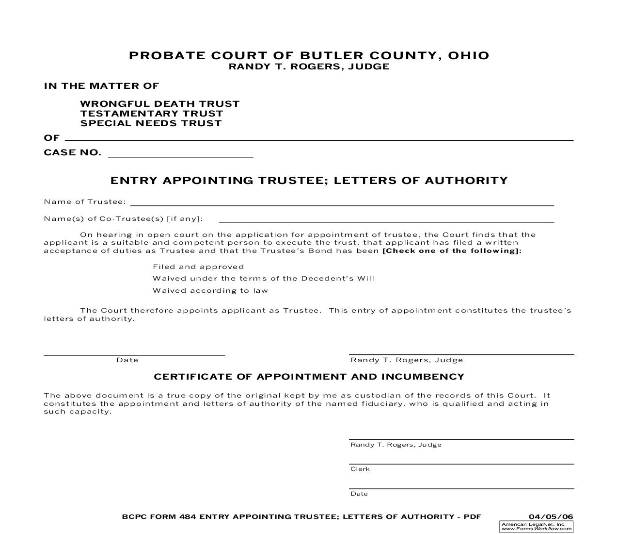 Letters Of Authority To Trustee {484} | Pdf Fpdf Doc Docx | Ohio