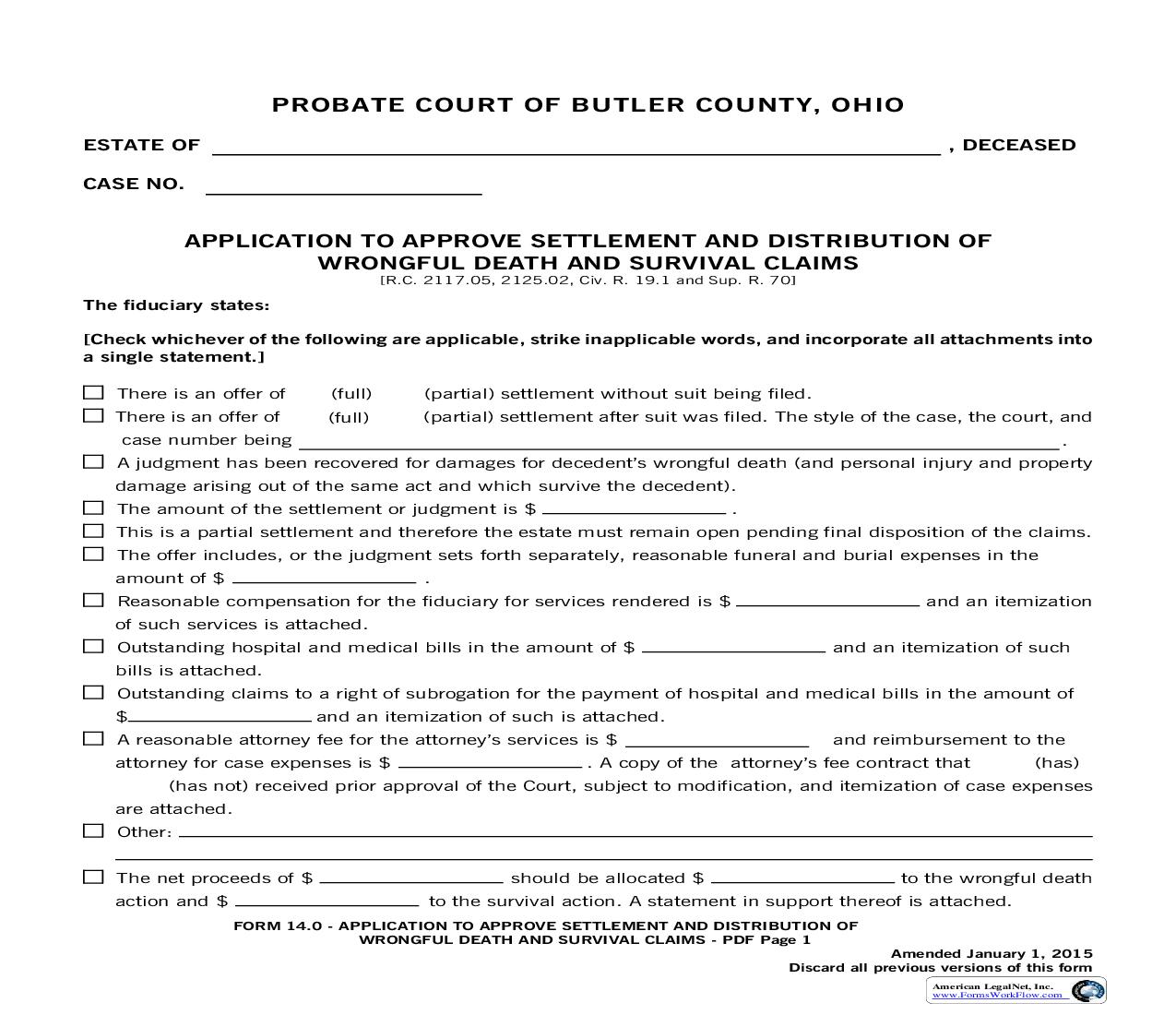 Application To Approve Settlement And Distributin {14.0} | Pdf Fpdf Doc Docx | Ohio