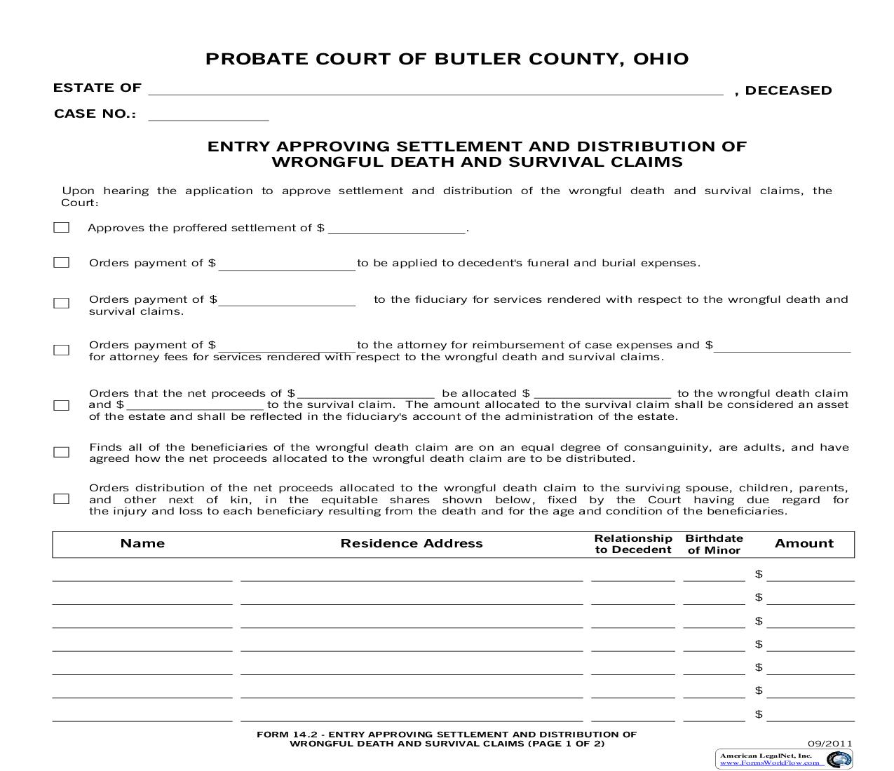 Entry Approving Settlement And Distribution {14.2} | Pdf Fpdf Doc Docx | Ohio