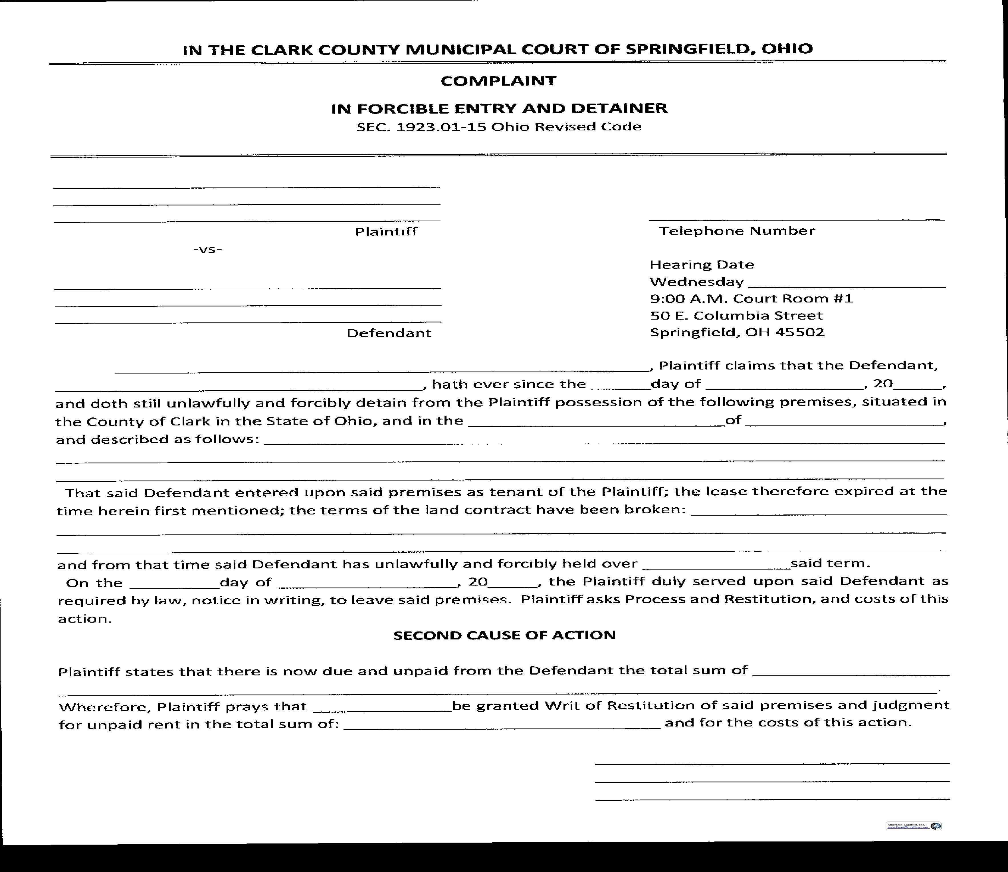 Complaint In Forcible Entry And Detainer | Pdf Fpdf Doc Docx | Ohio