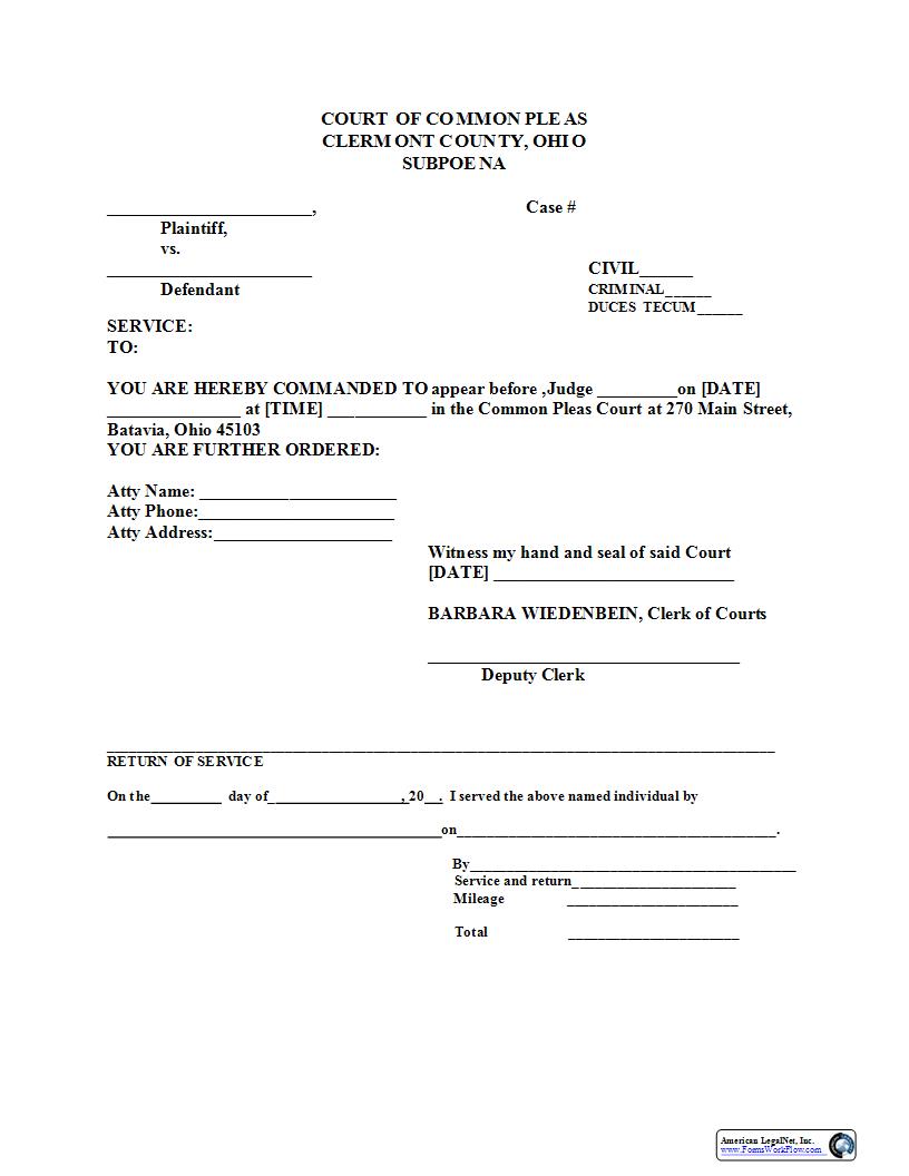 Subpoena {C19NC} | Pdf Fpdf Docx | Ohio