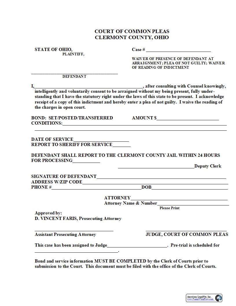 Waiver Of Presence Of Defendant At Arraignment | Pdf Fpdf Docx | Ohio