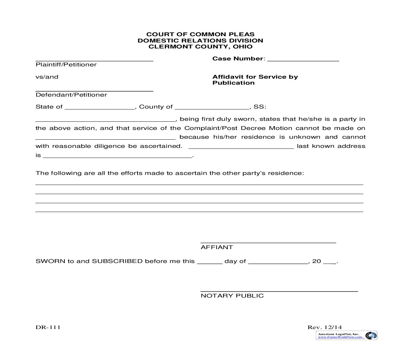 Affidavit For Service By Publication {DR-111} | Pdf Fpdf Doc Docx | Ohio