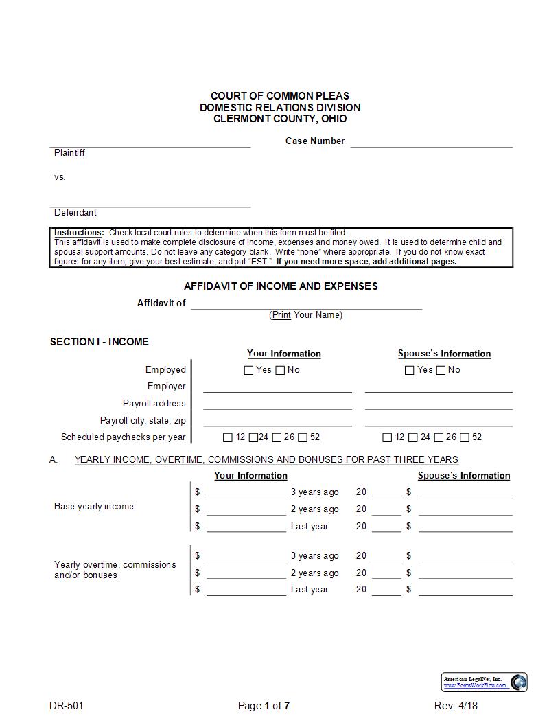 Affidavit Of Income And Expenses {DR-501} | Pdf Fpdf Docx | Ohio