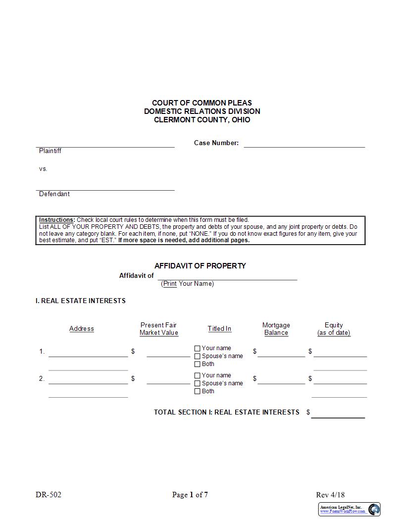 Affidavit Of Property {DR-502} | Pdf Fpdf Docx | Ohio