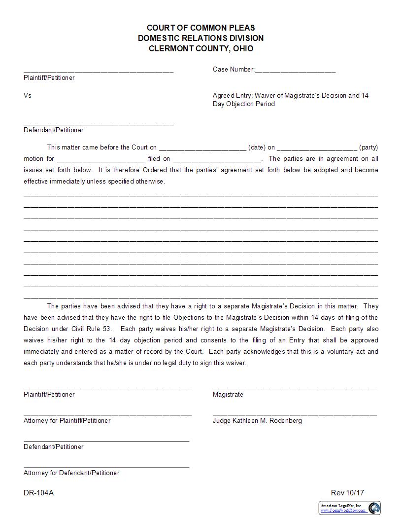 Agreed Entry And Waiver Of Magistrates Decision {DR-104A} | Pdf Fpdf Docx | Ohio