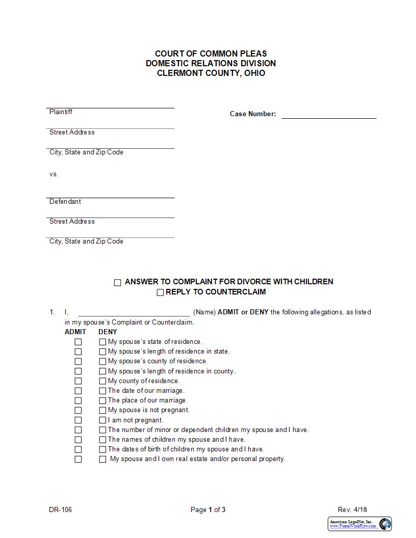 Answer To Complaint For Divorce WIth Children {DR-106} | Pdf Fpdf Docx | Ohio