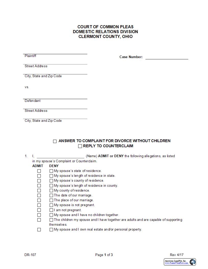 Answer To Complaint For Divorce Without Children {DR-107} | Pdf Fpdf Docx | Ohio
