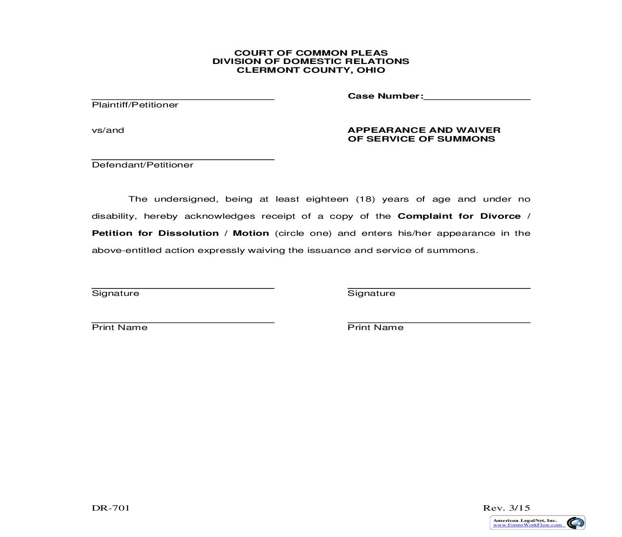 Appearance And Waiver Of Service Of Summons {DR-701} | Pdf Fpdf Doc Docx | Ohio