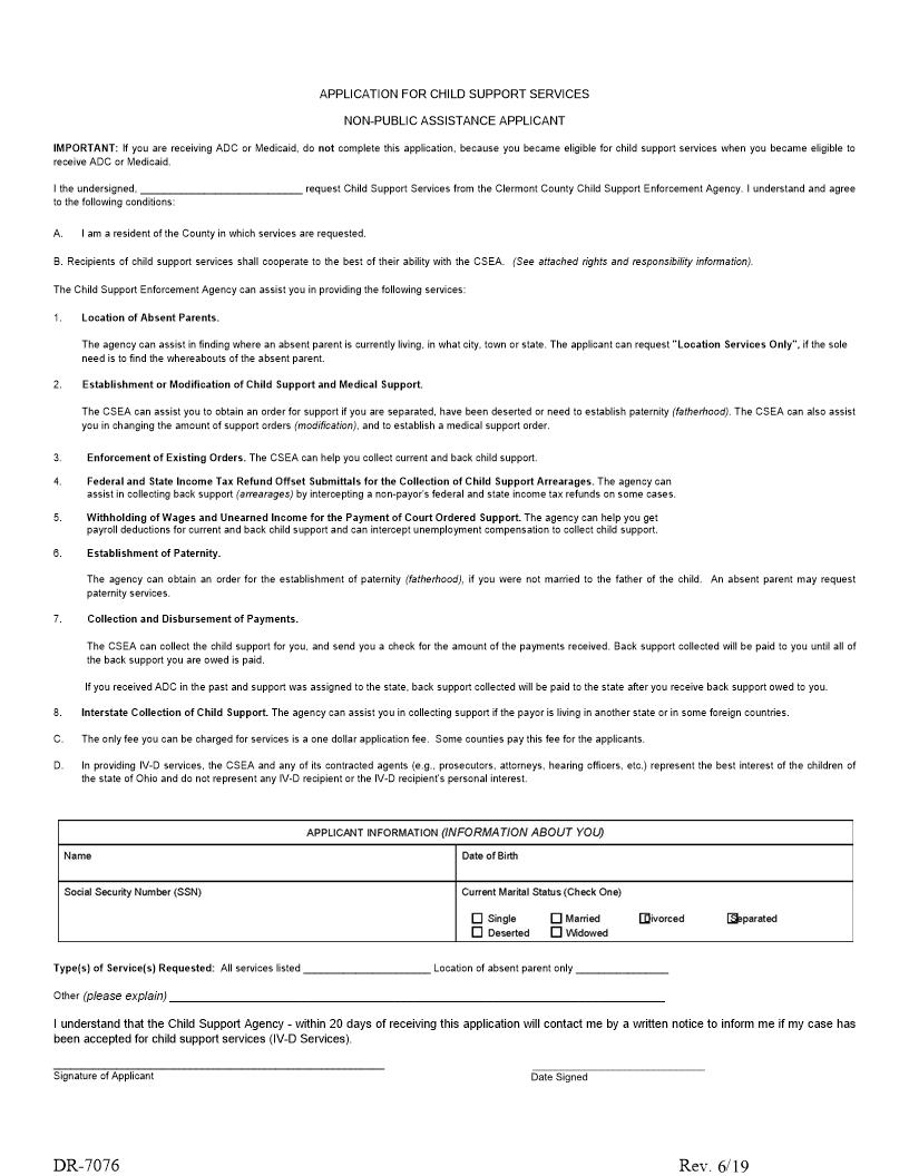 Application For Child Support Services Non Public Assistance Applicant {DR-7076} | Pdf Fpdf Doc Docx | Ohio
