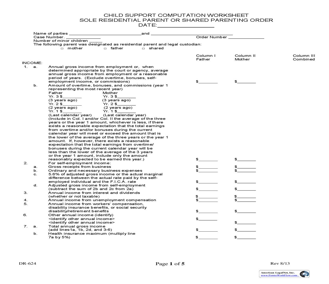 Child Support Computation Worksheet Sole Residential Parents Or Shared Parenting Order {DR-624} | Pdf Fpdf Doc Docx | Ohio
