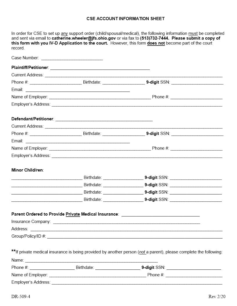 Child Support Enforcement Account Information Sheet {DR-509-4} | Pdf Fpdf Doc Docx | Ohio