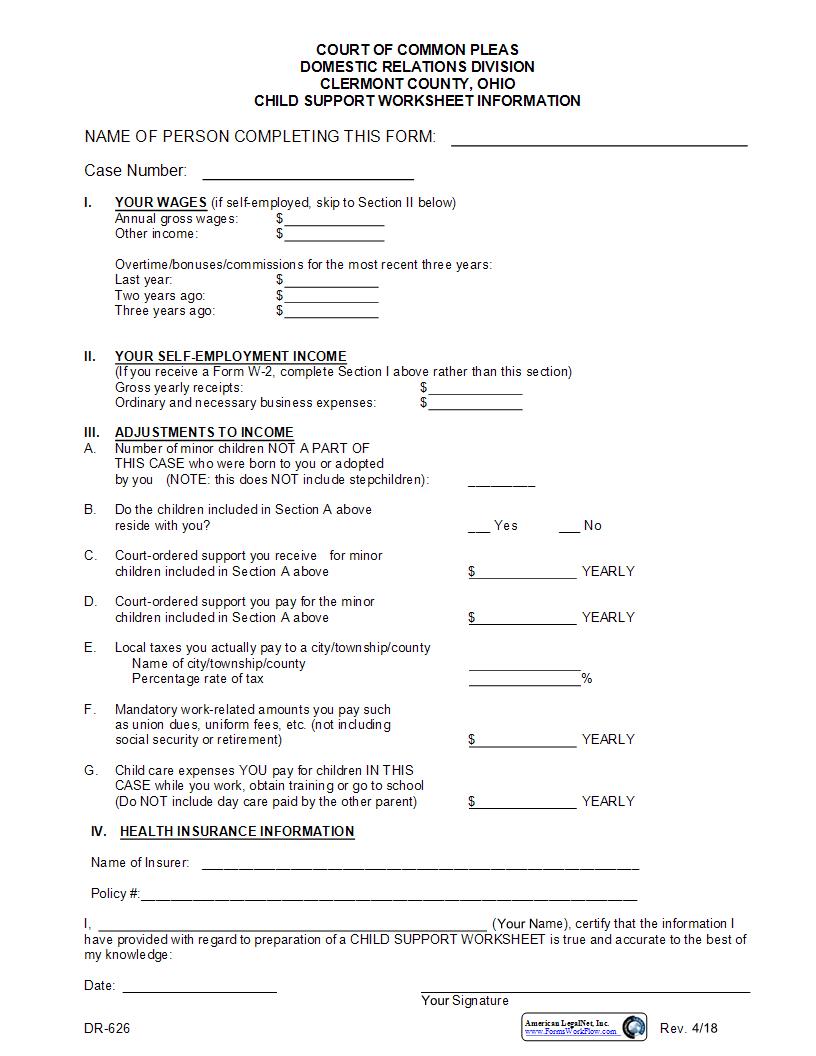 Child Support Worksheet Information {DR-626} | Pdf Fpdf Docx | Ohio