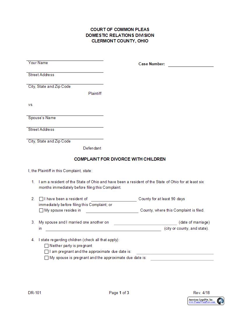 Complaint For Divorce With Children {DR-101} | Pdf Fpdf Docx | Ohio