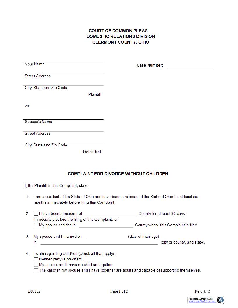 Complaint For Divorce Without Children {DR-102} | Pdf Fpdf Docx | Ohio