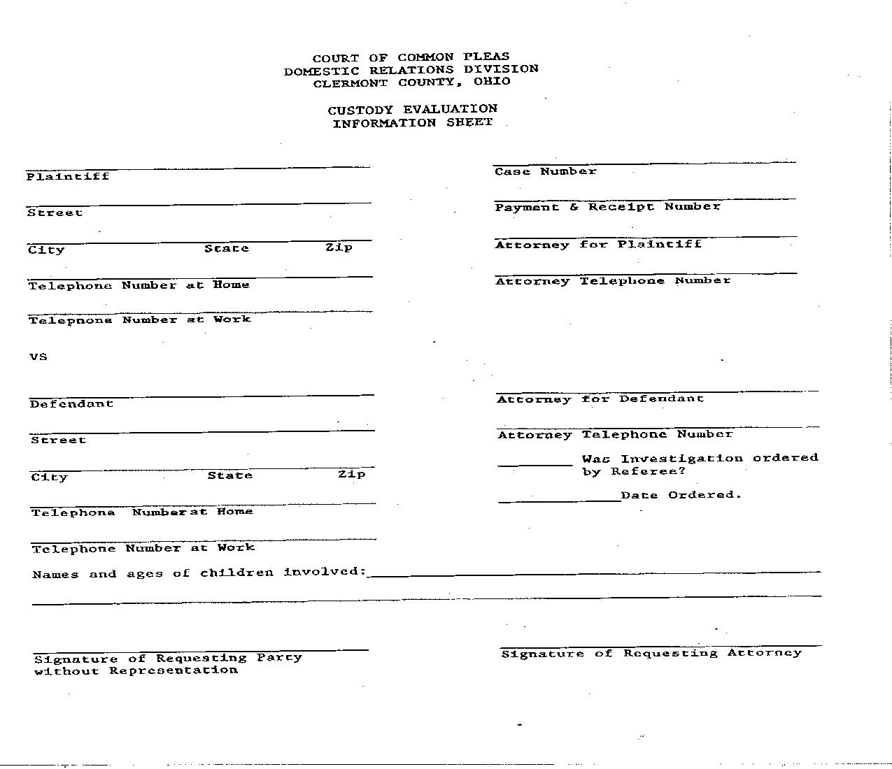 Custody Evaluation Information Sheet |  | Ohio