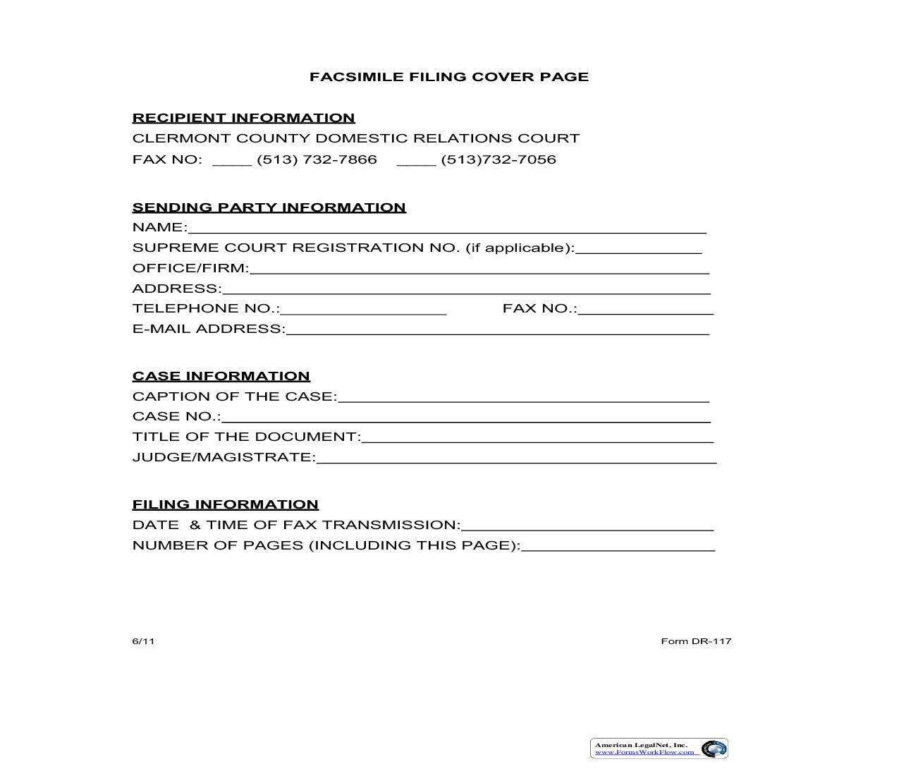 Facsimile Filing Cover Page {DR-117} | Pdf Fpdf Doc Docx | Ohio