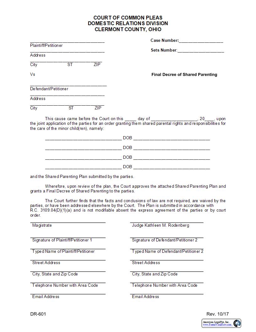 Final Decree Of Shared Parenting {DR-601} | Pdf Fpdf Docx | Ohio