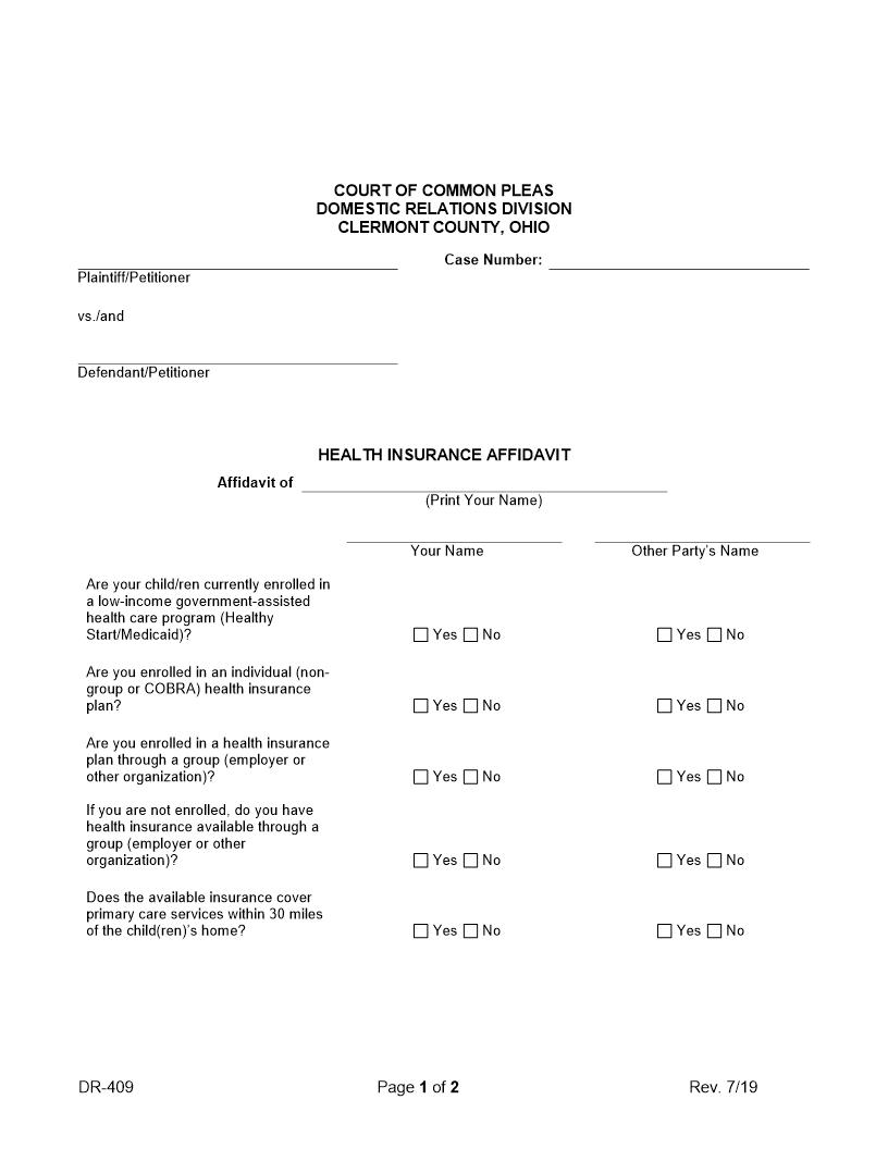 Health Insurance Affidavit {DR-409} | Pdf Fpdf Docx | Ohio