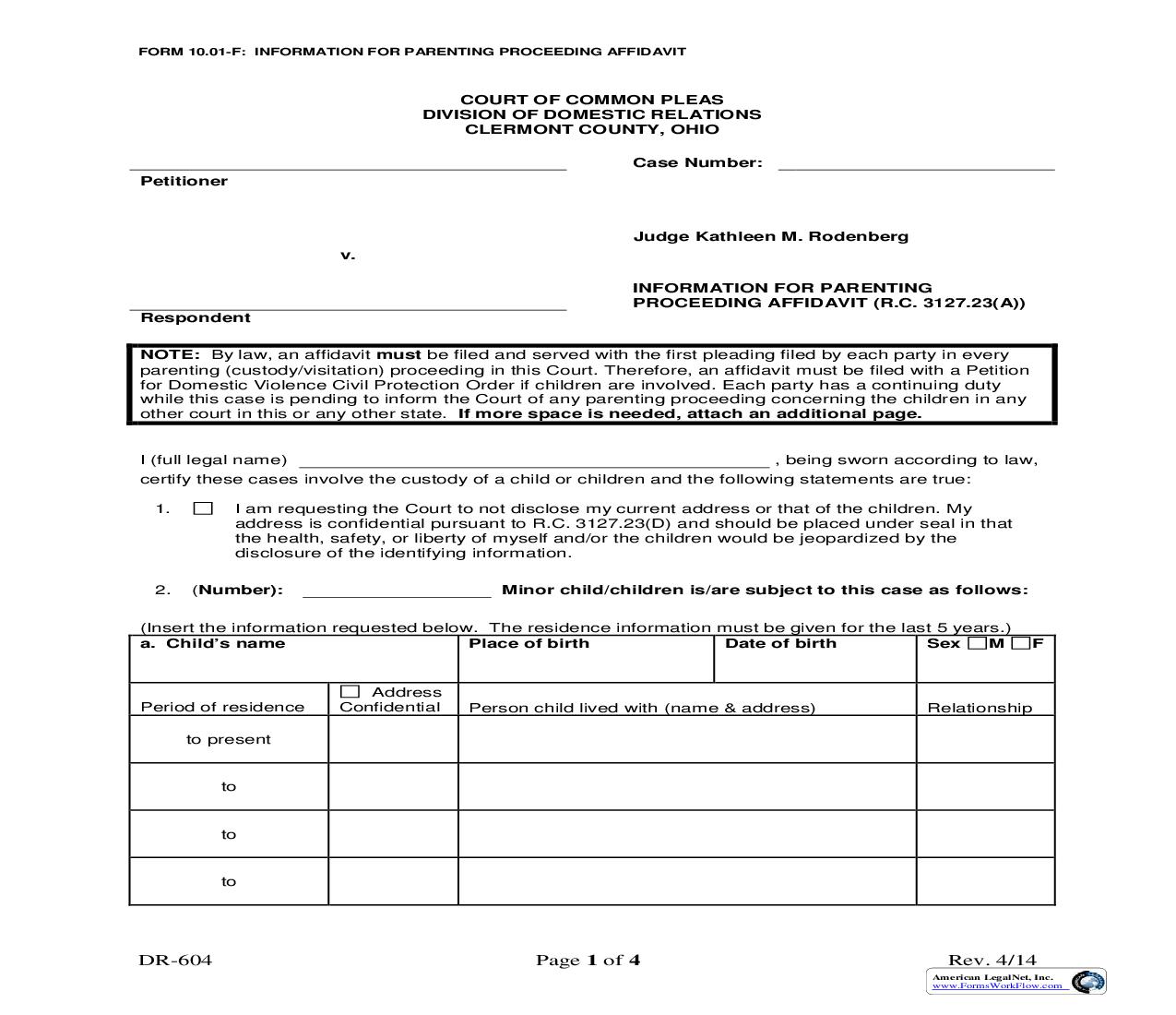 Information For Parenting Proceeding Affidavit {10.01-F} | Pdf Fpdf Doc Docx | Ohio