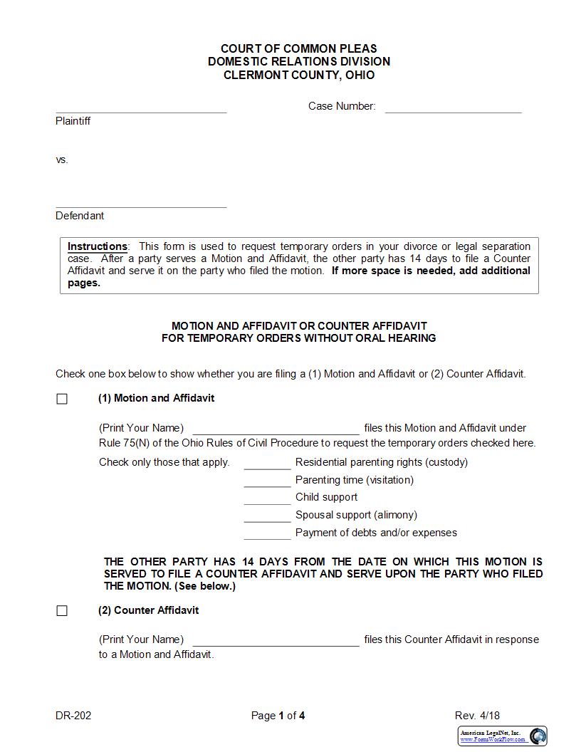 Motion And Affidavit For Temporary Orders Without Oral Hearing {DR-202} | Pdf Fpdf Docx | Ohio