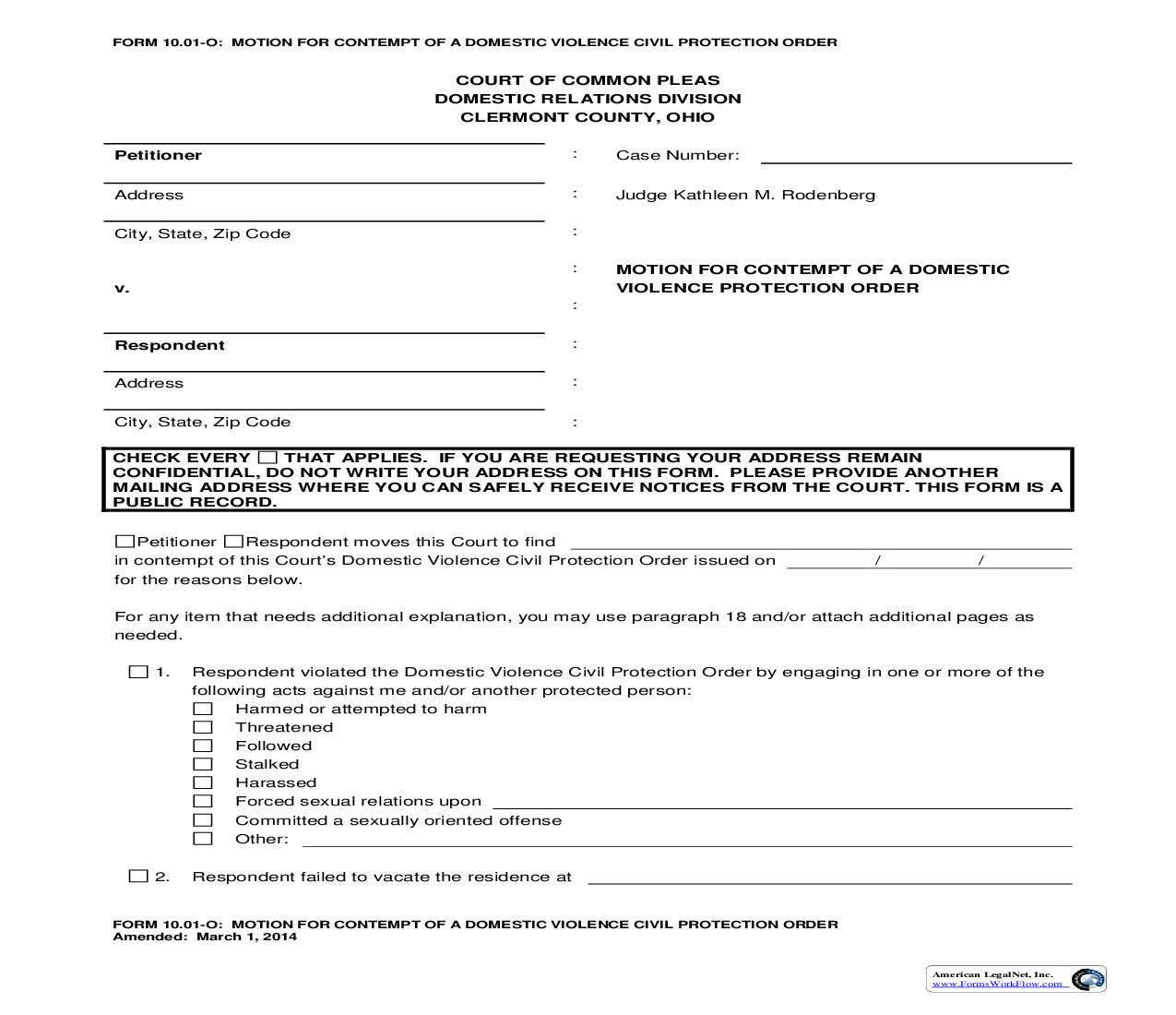 Motion For Contempt Of A Domestic Violence Civil Protection Order | Pdf Fpdf Doc Docx | Ohio