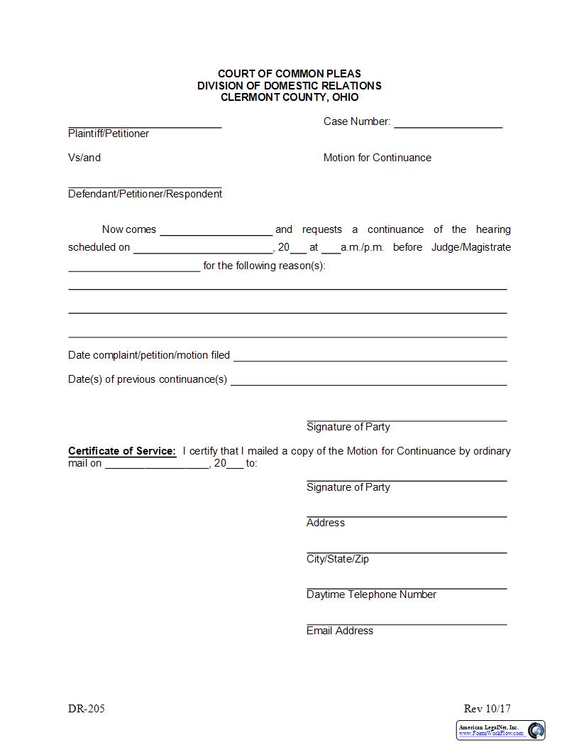 Motion For Continuance {DR-205} | Pdf Fpdf Docx | Ohio