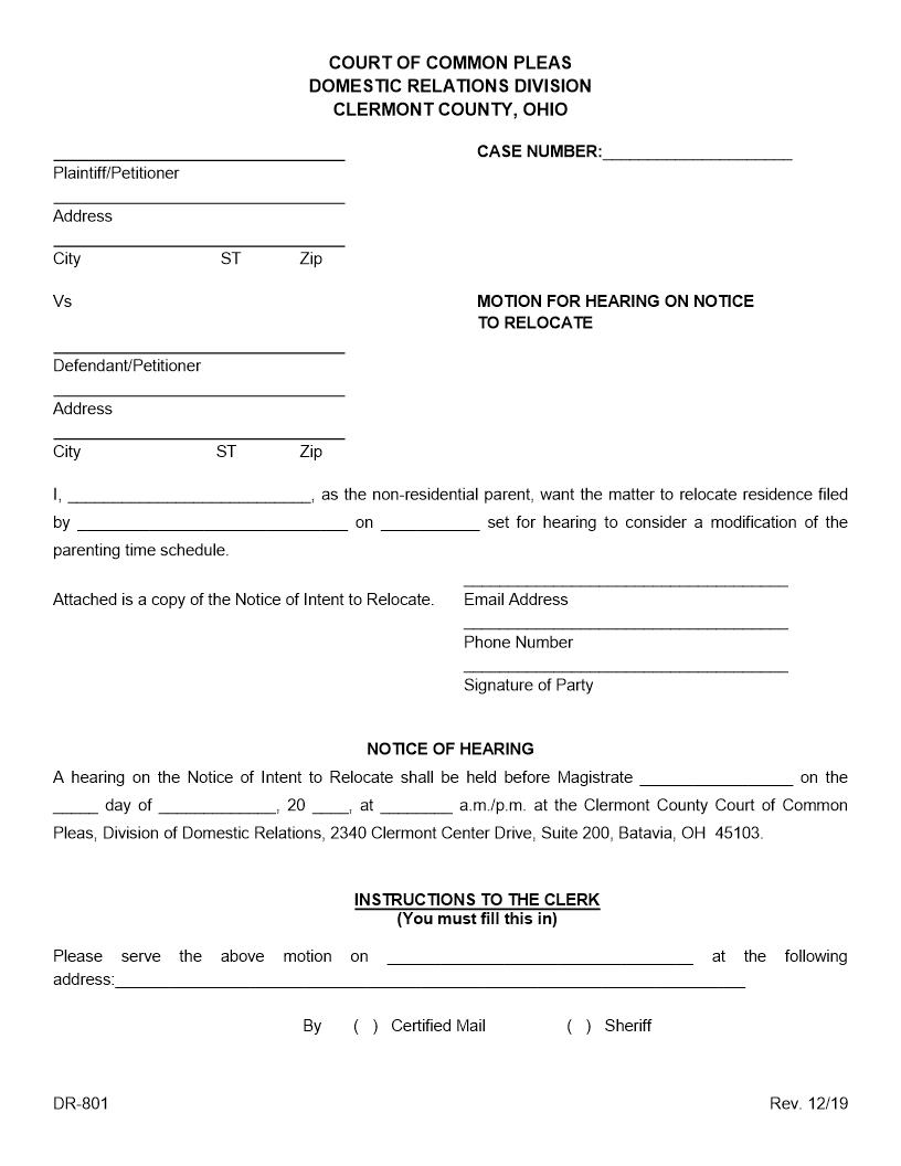 Motion For Hearing On Notice To Relocate {DR-801} | Pdf Fpdf Docx | Ohio