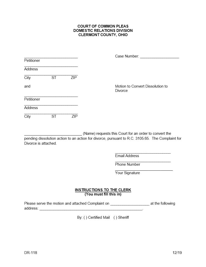 Motion To Convert Dissolution To Divorce {DR-118} | Pdf Fpdf Docx | Ohio