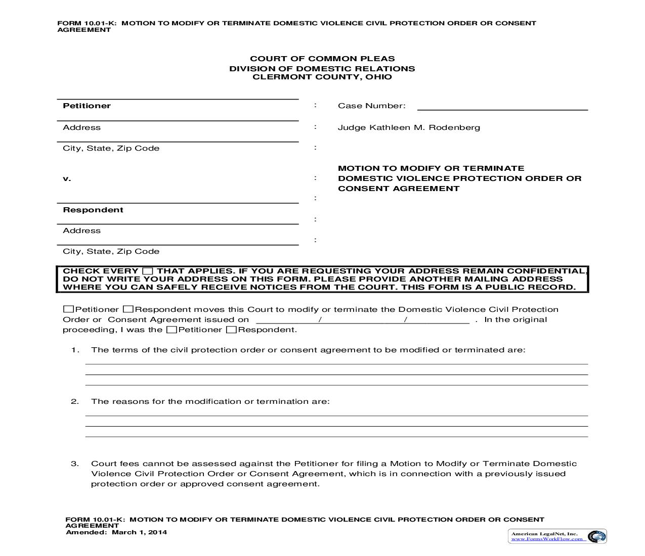 Motion To Modify Or Terminate Domestic Violence Civil Protection Order Or Consent Agreement | Pdf Fpdf Doc Docx | Ohio