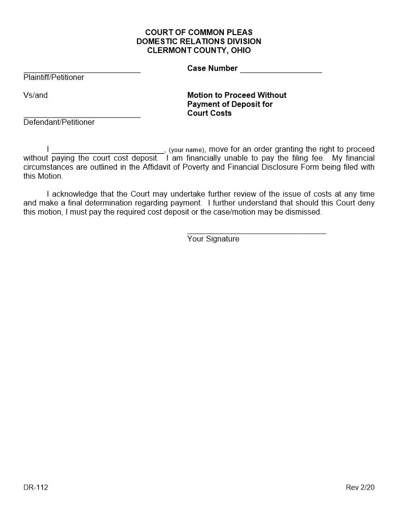 Motion To Proceed Without Payment Of Deposit For Court Costs {DR-112} | Pdf Fpdf Docx | Ohio