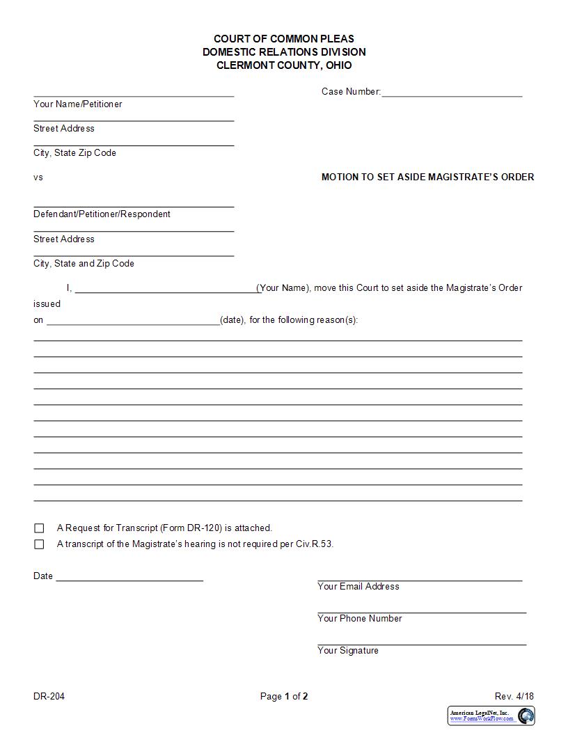 Motion To Set Aside Magistrates Order {DR-204}  | Pdf Fpdf Docx | Ohio