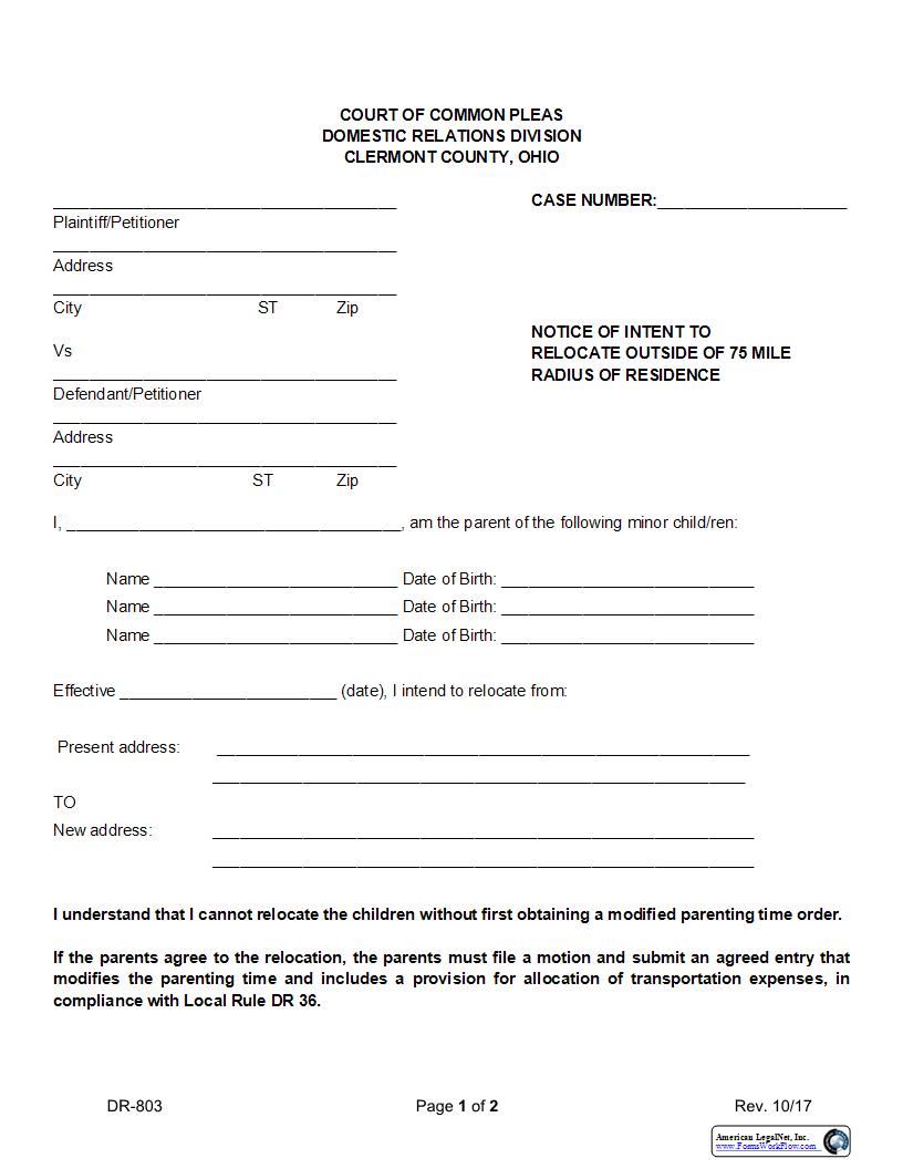Notice Of Intent To Relocate Outside Of 75 Mile Radius {DR-803} | Pdf Fpdf Docx | Ohio