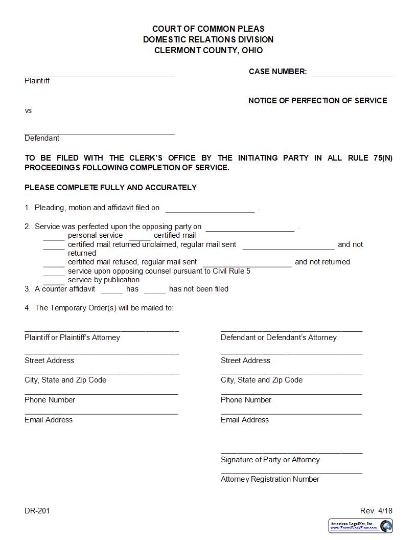 Notice Of Perfection Of Service {DR-201} | Pdf Fpdf Docx | Ohio