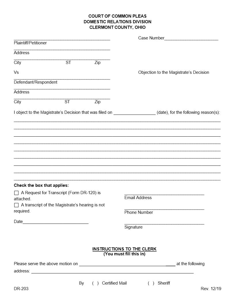 Objection To Magistrates Decision {DR-203} | Pdf Fpdf Docx | Ohio