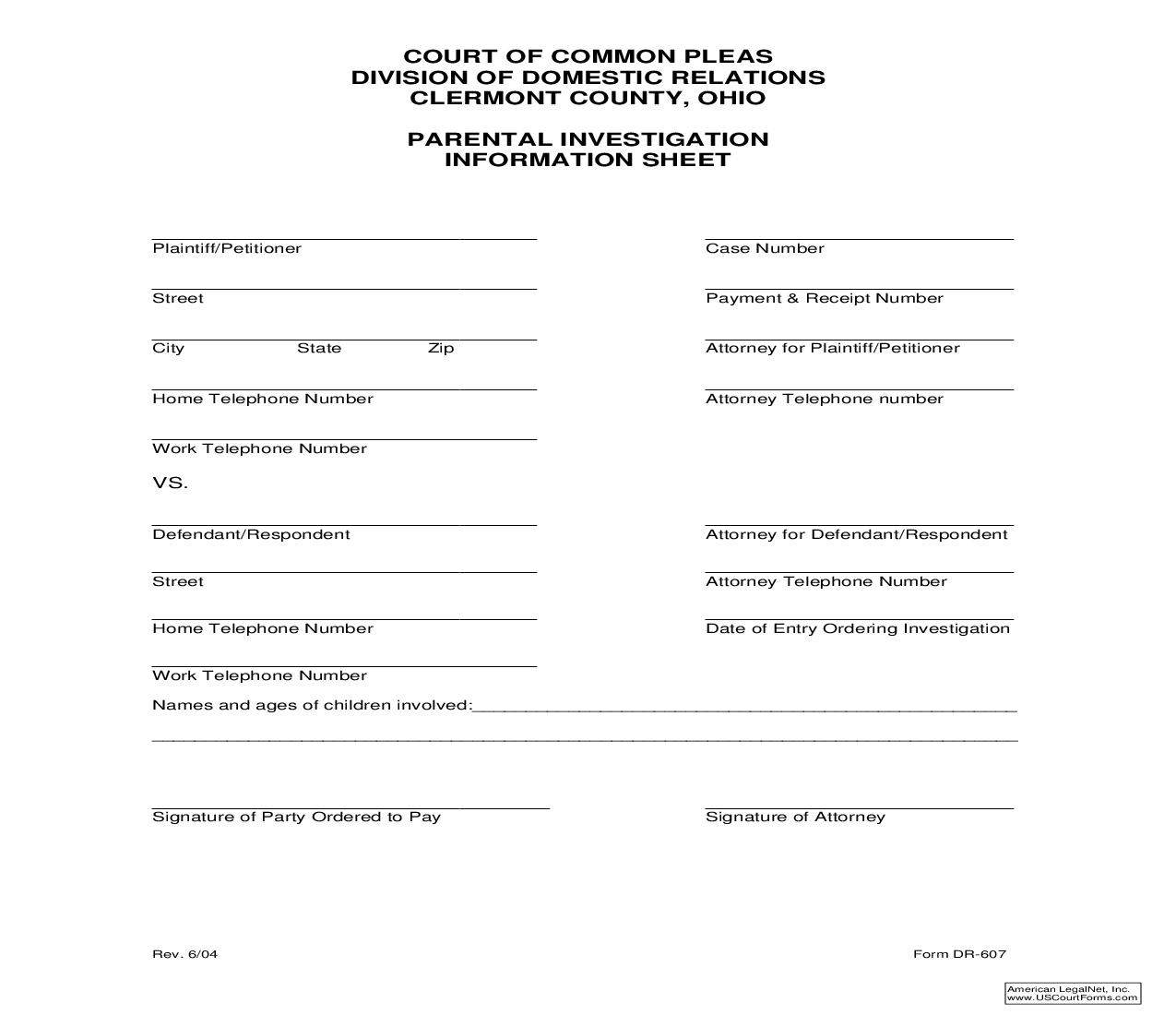 Parental Investigaiton Information Sheet {DR-607} | Pdf Fpdf Doc Docx | Ohio