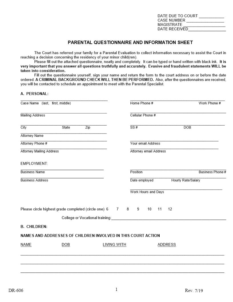 Parental Questionnaire And Information Sheet {DR-606} | Pdf Fpdf Doc Docx | Ohio