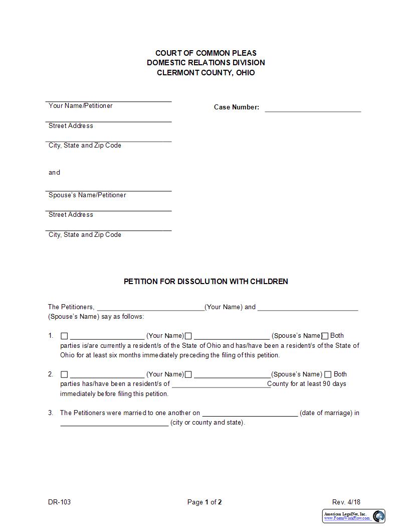 Petition For Dissolution With Children {DR-103} | Pdf Fpdf Docx | Ohio