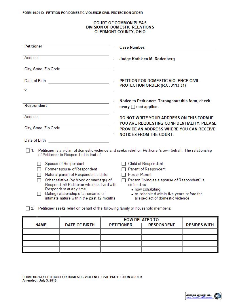 Petition For Domestic Violence Civil Protection Order {10.01-D} | Pdf Fpdf Docx | Ohio